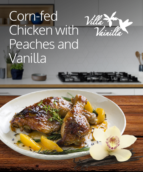 Corn-fed chicken with peaches and vanilla